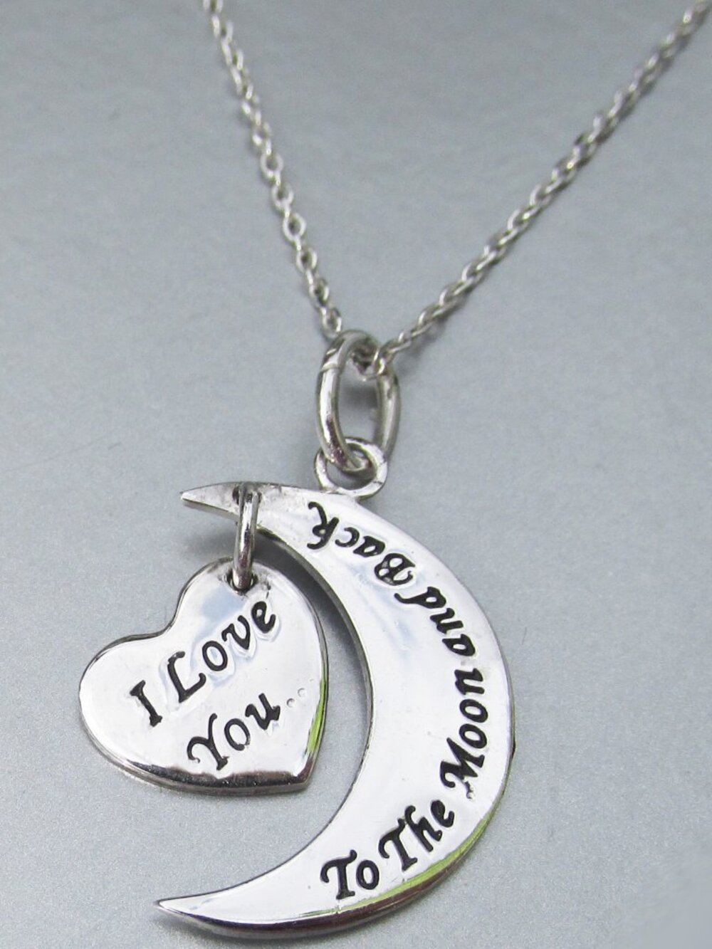 Sterling Silver STELLAR WHITE Love You Heart & Crescent Moon Pendant Necklace